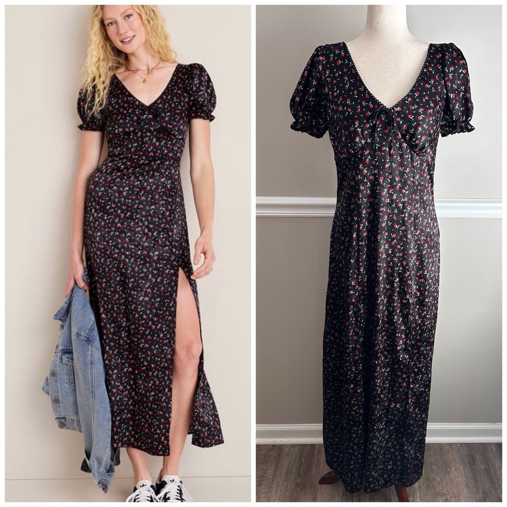 Francescas Mia Ditsy Floral Midi Dress L Black Satin Red Rose Cottage Prairie